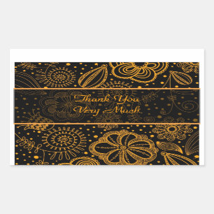 ブラック&オレンジレトロフローラルパターンカスタム文字 長方形シール