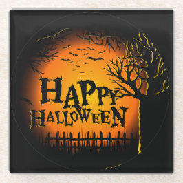 ブラック&オレンジ不気味ハロウィーンナイト ガラスコースター