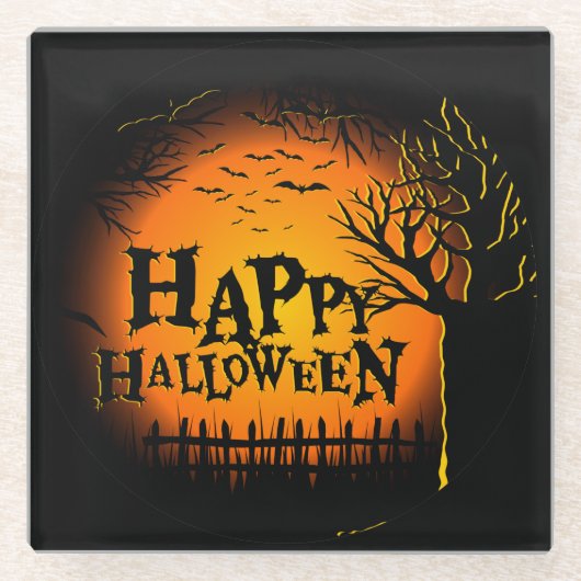 ブラック&オレンジ不気味ハロウィーンナイト ガラスコースター (正面)