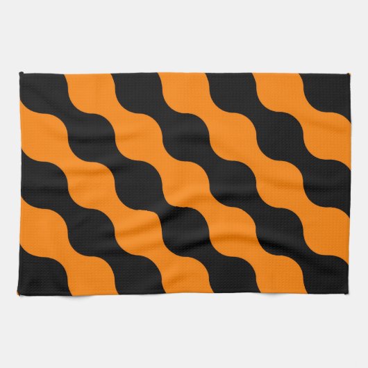 ブラック、オレンジ色のレトロ円アートパターン キッチンタオル (横)