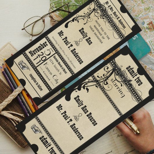 ブラック オールド ハリウッド チケット ウェディング 招待状