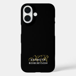 ブラック カスタム ゴールドイニシャル 白 名前 モダン iPhone 16ケース