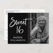 ブラック&ガーリーホワイトグリッタースウィート16誕生日 インビテーションポストカード (正面/裏面)