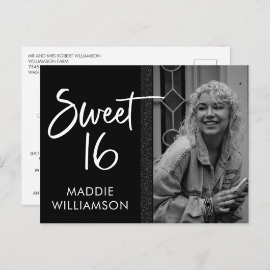 ブラック&ガーリーホワイトグリッタースウィート16誕生日 インビテーションポストカード (正面/裏面)