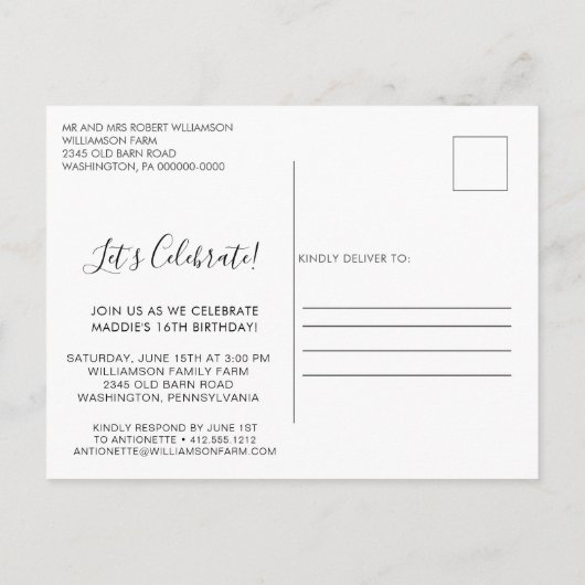 ブラック&ガーリーホワイトグリッタースウィート16誕生日 インビテーションポストカード (裏面)