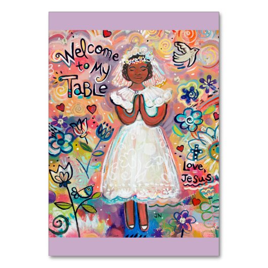 ブラック・ガールの第1コミュニオン祈りの言葉カード テーブルナンバー (正面)