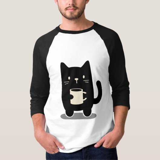 ブラック・キャット、コーヒーを持って Tシャツ (正面)