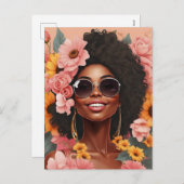 ブラック・クイーン・フローラ・アフロ・メラニン女性の花愛 シーズンポストカード (正面/裏面)