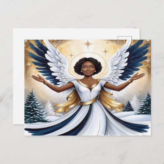 ブラック・クリスマスエンジェルのブルーと金ゴールド シーズンポストカード (正面/裏面)