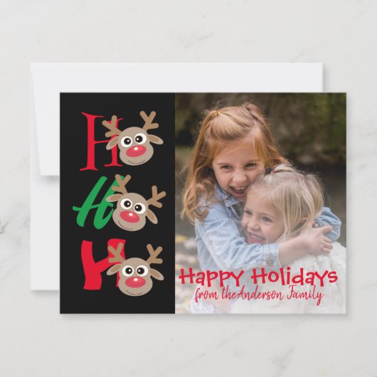 ブラック クリスマス カード ホー ホー ホー カートゥーン トナカイ (正面)