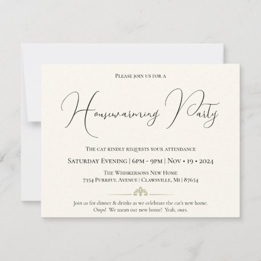 ブラック&クリームミニマル猫好き引っ越し祝いパーティー 招待状 (裏面)
