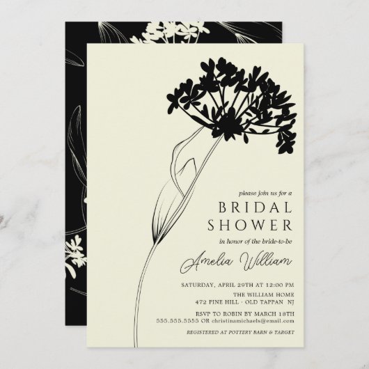 ブラック&クリームモダンフローラブライダルシャワーインビタティ 招待状 (正面/裏面)