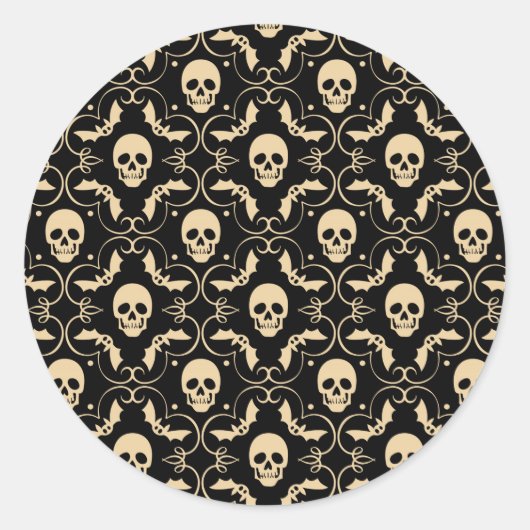ブラック＆クリーム ハロウィーン ドクロ＆コウモリ パーティ ラウンドシール (正面)