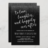 ブラック・グリッターの後の幸モダン福結婚 招待状 (正面/裏面)