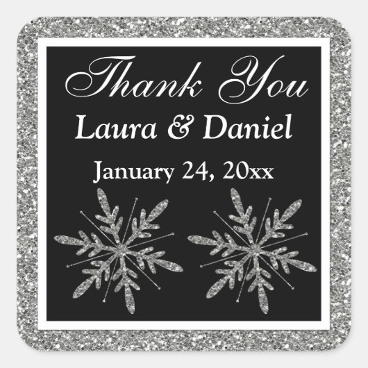 ブラック、グリッタールック雪結婚片のステッカー スクエアシール (正面)