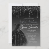 ブラック グリッター ドリップ スイート シックスティーン 誕生日 招待状 (正面)
