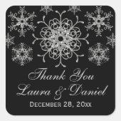 ブラック、グリッターLOOKスノーフレーク結婚のステッカー スクエアシール (正面)