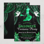 ブラック&グリーンウィッチ&きらめくカーテンハロウィーン 招待状 (正面/裏面)
