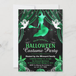 ブラック&グリーンウィッチ&きらめくカーテンハロウィーン 招待状