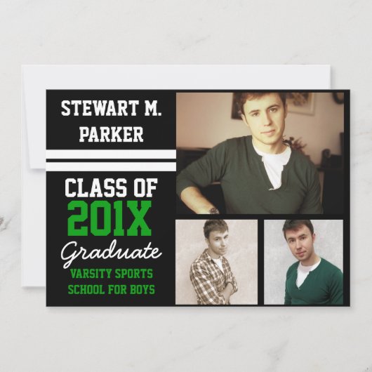 ブラック/グリーンスポーティボーイズ3写真卒業 招待状 (正面)