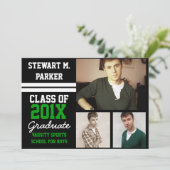 ブラック/グリーンスポーティボーイズ3写真卒業 招待状 (スタンド正面)