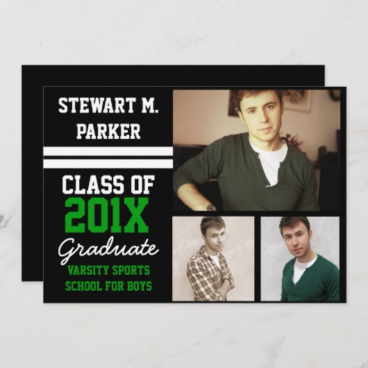 ブラック/グリーンスポーティボーイズ3写真卒業 招待状 (正面/裏面)