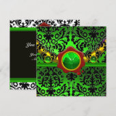 ブラック  グリーン ダマスク、シャムロック、レッド ワックス シール モノグラム 招待状 (正面/裏面)