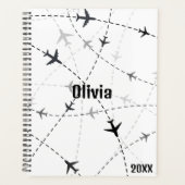 ブラック&グレイ航空飛んでいる機、シンプルミニマリスト プランナー手帳 (正面)