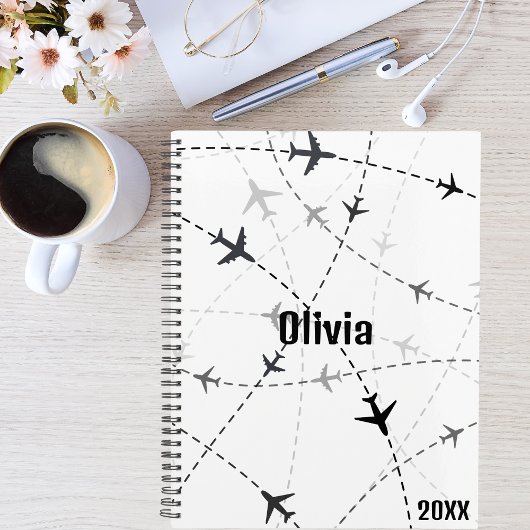 ブラック&グレイ航空飛んでいる機、シンプルミニマリスト プランナー手帳