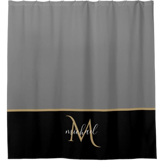 ブラック |グレイ&金ゴールドモノグラムエレガントラグジュアリー シャワーカーテン (正面)