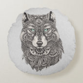 ブラック&グレーウルフヘッドイラストレーション ラウンドクッション (正面)