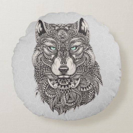 ブラック&グレーウルフヘッドイラストレーション ラウンドクッション (正面)