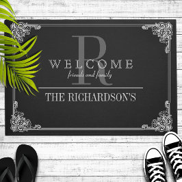 ブラック|グレーコーナーフローリッシュフレームカスタムモノグラム ドアマット