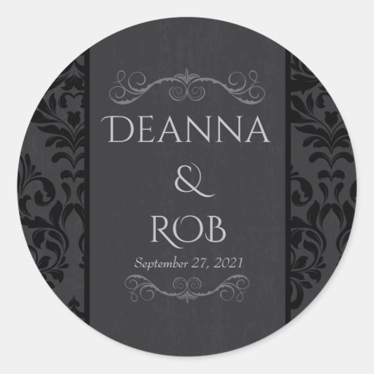 ブラック&グレーダマスクのウェディングステッカー ラウンドシール (正面)
