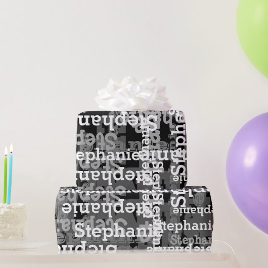 ブラック/グレー名パーソナライズされたのコラージュ誕生日 ラッピングペーパー (パーティーギフト)