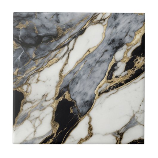 ブラック グレー ホワイト ゴールド 大理石 抽象的 タイル (正面)