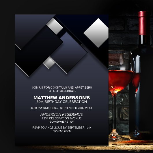 ブラック グレー 30th カクテル バースデーパーティー 招待状