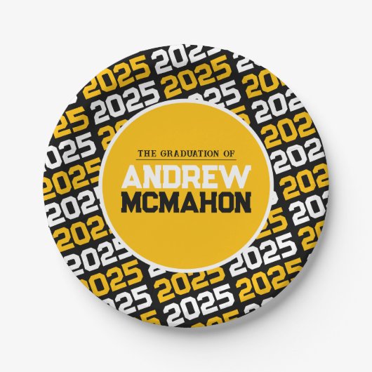 ブラック&ゴールデンイエローパーソナライズされた卒業 ペーパープレート (正面)