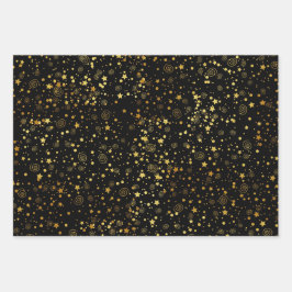 ブラック&ゴールデンスターパターン ラッピングペーパーシート