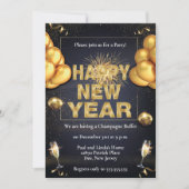ブラック&ゴールデンバルーン新年パーティー 招待状 (正面)