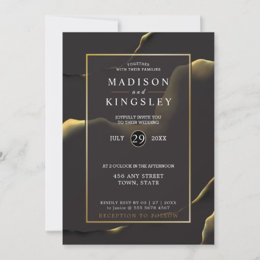 ブラック & ゴールデン 💍 モダン アブストラクト インキー オイル 招待状 (正面)