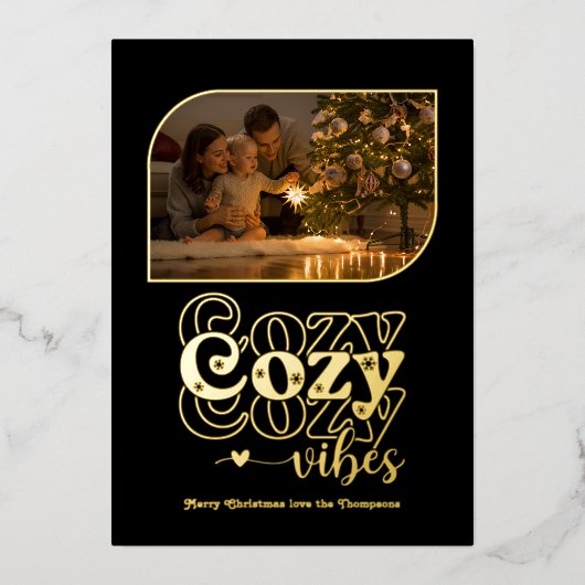 ブラック&ゴールドのほっこりレトロクリスマスフォト 箔シーズンカード (正面)