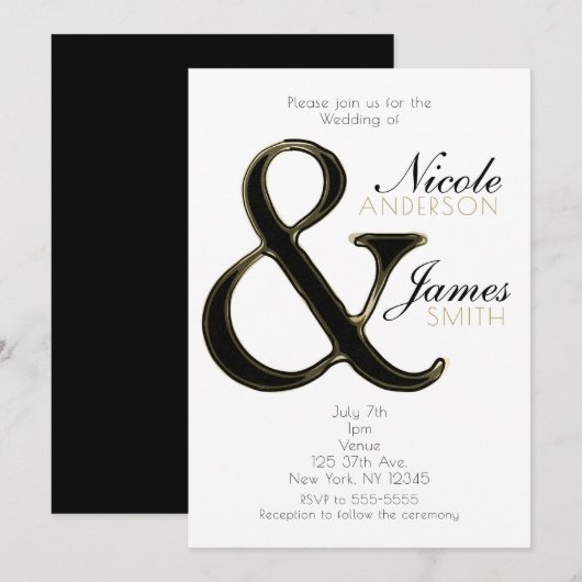 ブラック＆ゴールドのアンパサンド シックな結婚式の招待状 招待状 (正面/裏面)
