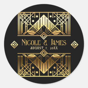 ブラック＆ゴールドのアートデコスタイルの結婚式のお礼 ラウンドシール