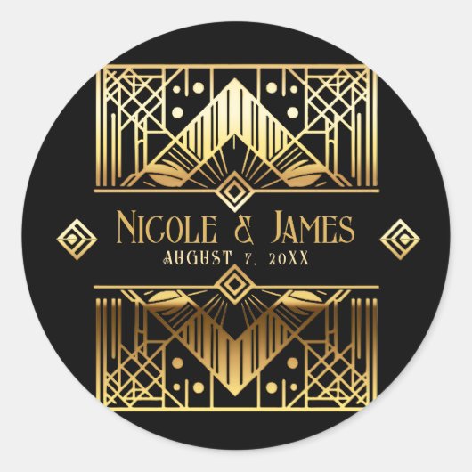 ブラック＆ゴールドのアートデコスタイルの結婚式のお礼 ラウンドシール (正面)