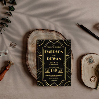 ブラック＆ゴールドのアートデコ カスタム 招待状