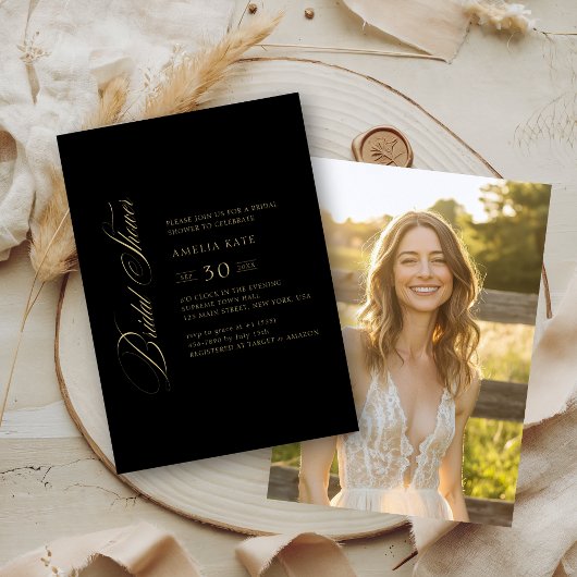 ブラック&ゴールドのウィムジー スクリプト ブライダル シャワー フォト 招待状