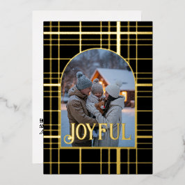 ブラック＆ゴールドのギンガムチェックのクリスマスホリデー写真 箔シーズンカード