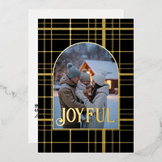 ブラック＆ゴールドのギンガムチェックのクリスマスホリデー写真 箔シーズンカード (正面/裏面)