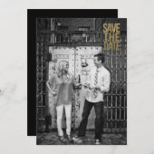 ブラック＆ゴールドのグリッターでお知らせするセーブ・ザ・デートのタイポグラフィ セーブザデート (正面/裏面)